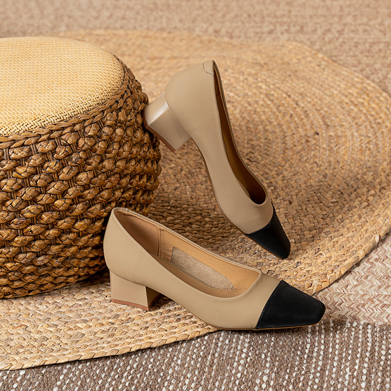 Net rote Schaffell-Ledernähte flacher Mund Einzelschuhe Damen 2023 Frühjahr neue quadratische Zehen dicker Absatz Damenschuhe weiches Leder High Heels_voghion.com