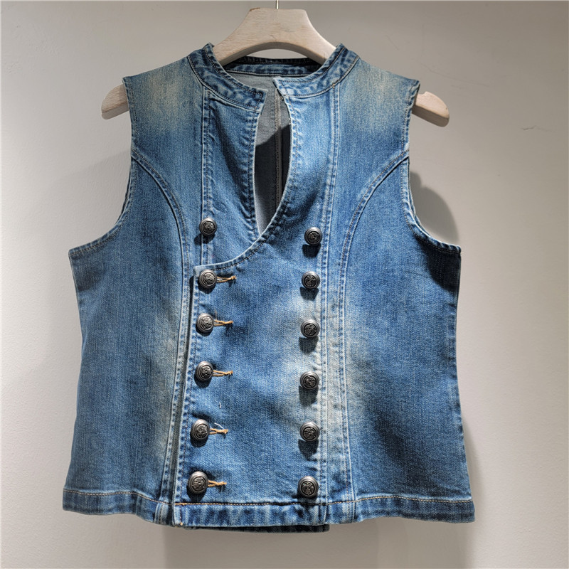 Modas de estilo británico de doble hebilla elástica chaleco de vaquero delgado chaleco azul delgado image 1