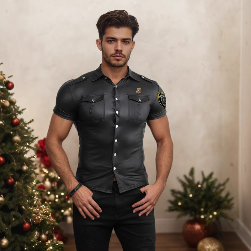 Men's Coated Leather Shirt Short Sleeve Street Style Motorcycle Top Party Daily Clubwear Lapel Badge Men's Coated Leather Shirt Short Sleeve Street Style Motorcycle Top Party Daily Clubwear Lapel Badge