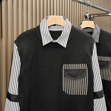 秋冬季假两件衬衫领毛衣男士韩版青年潮流条纹拼接修身百搭针织衫