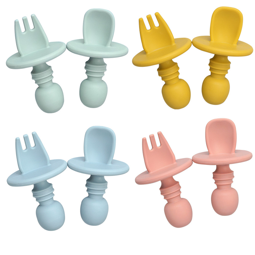 Comida complementaria para niños tenedor cuchara traje combinación de mango corto tenedor de silicona cuchara entrenamiento infantil comiendo bebé aprendiendo a comer cuchara lamiendo