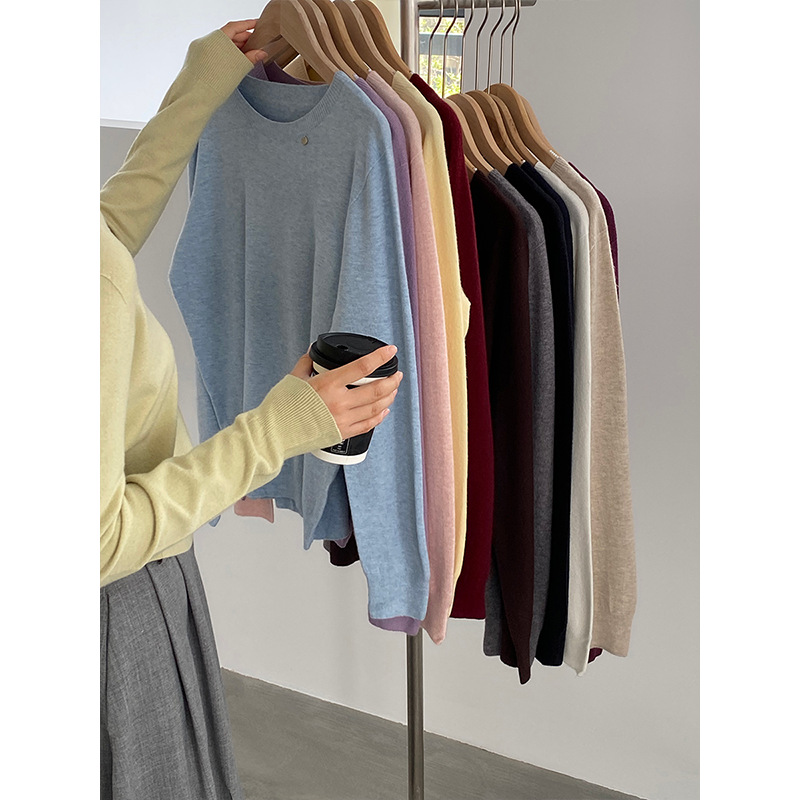 江左 无缝一体万搭tee?韩版圆领简约纯色打底长袖针织衫女 U1266