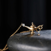 迷你幸运神灯项链女高级设计复古微镶盖子可打开镀24k金锁骨链