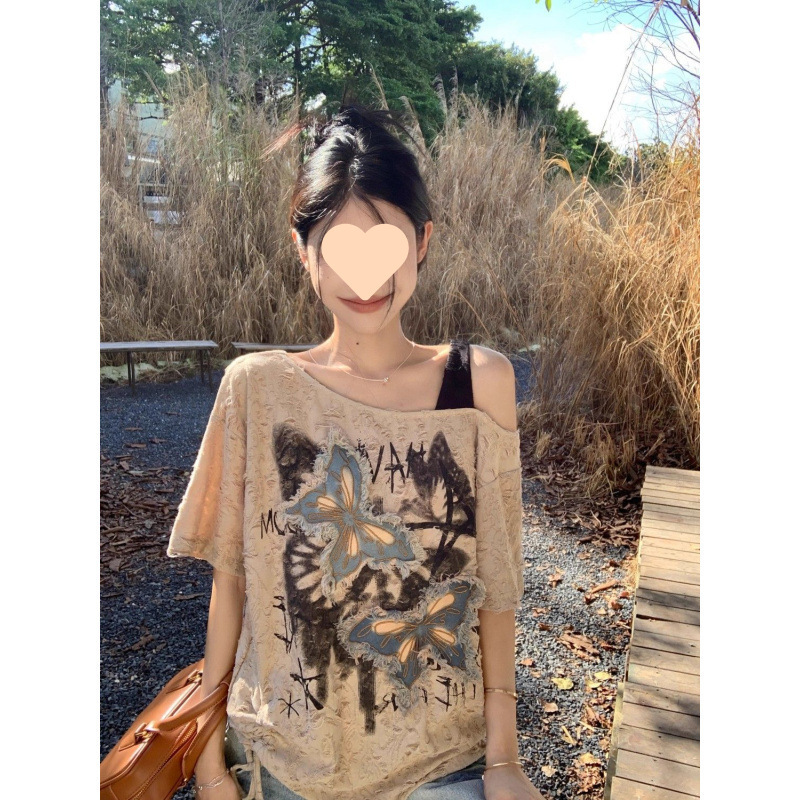 甜辣设计感小众斜肩短袖T恤女夏季别致宽松中长款上衣潮