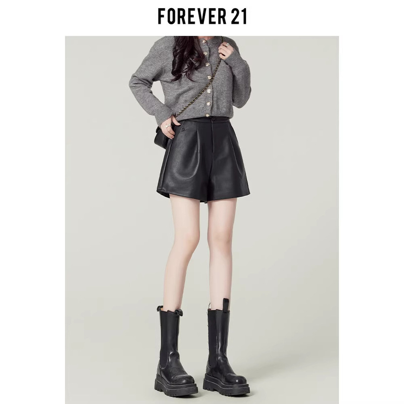 Forever21 American Style Spicy Girl Black Pu Leather Pants Women's Autumn High-Waisted A-Line Wide-Leg Casual Shorts Forever21 American Style Spicy Girl Black Pu Leather Pants Women's Autumn High-Waisted A-Line Wide-Leg Casual Shorts