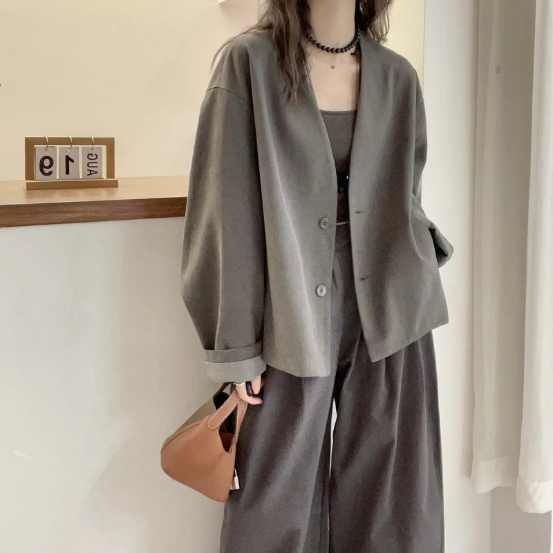 长袖V字领宽松时尚外套女2025秋季英伦风纯色通勤百搭开衫上衣潮|undefined
