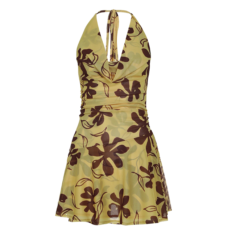 Women's Yellow Ombre Floral Print Cowl Neck Halter Sleeveless Maxi Dress – Boho Summer Resort Gown_ecoleips.com