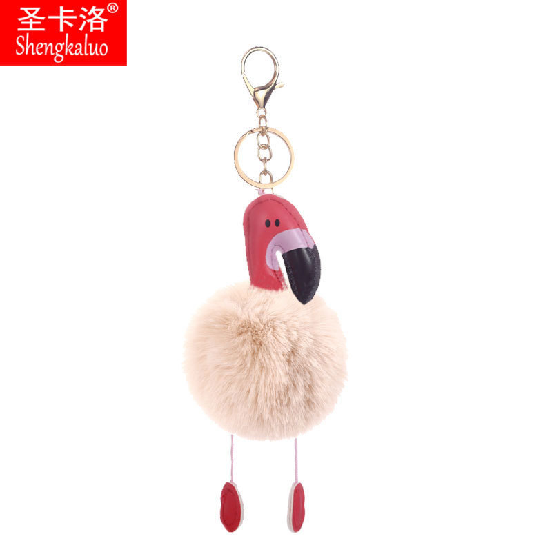 PU leather Flamingo pendant artificial fur ball new keychain hanging cartoon bag fur ball key ring in stock