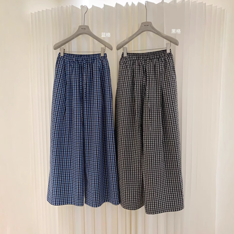WGWE coreano perezoso, suelto, delgado, cintura elástica, a cuadros, pantalones de pierna ancha, pantalones casuales, mujeres W5152