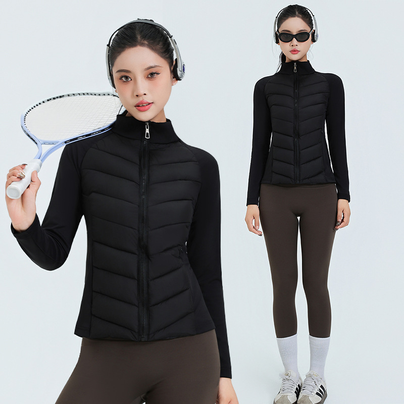 Ropa de yoga, abrigo de algodón de base deportivo, mujer otoño-invierno 2025, nuevo cuello vertical, ligero y delgado con revestimiento interior caliente.