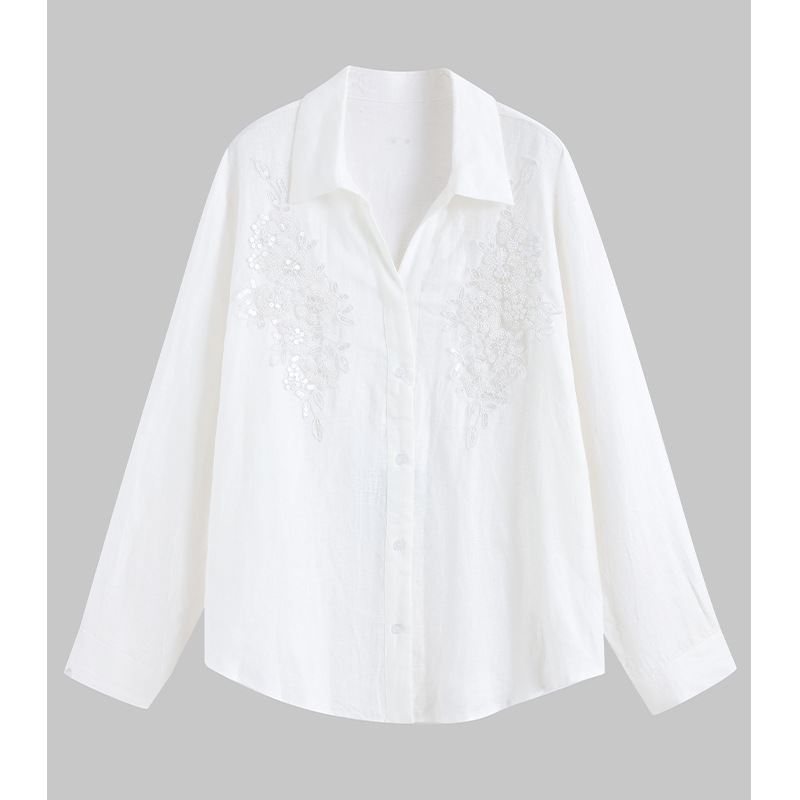 2026 Early Spring New Style White Long-Sleeve Shirt with a Turn-Down Collar for Women, Featuring a Unique Design with Heavy Beading and Sequins, Linen Top