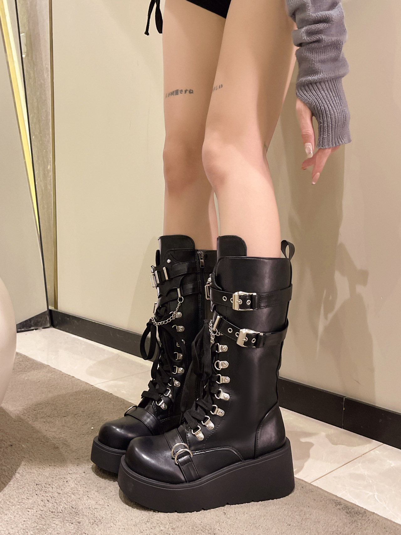 Women's Shoes rivet buckle thick heel mid tube boots women's Gothic punk style knight boots _voghion.com