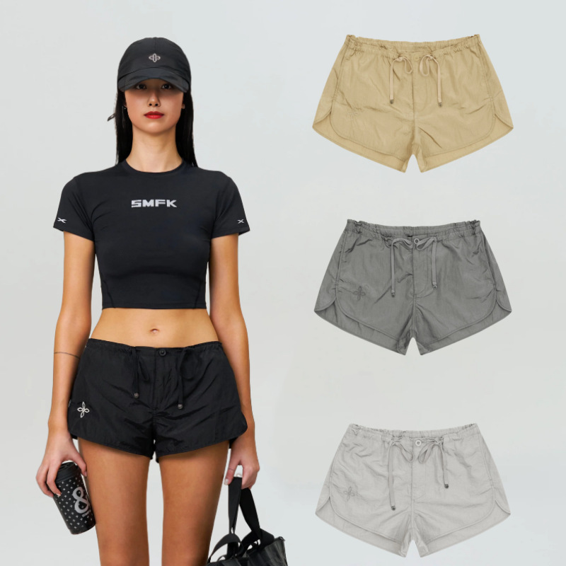 SMFK Alloy Skin Low Waist Jogging Shorts Embroidered Sports Hot Pants for Women