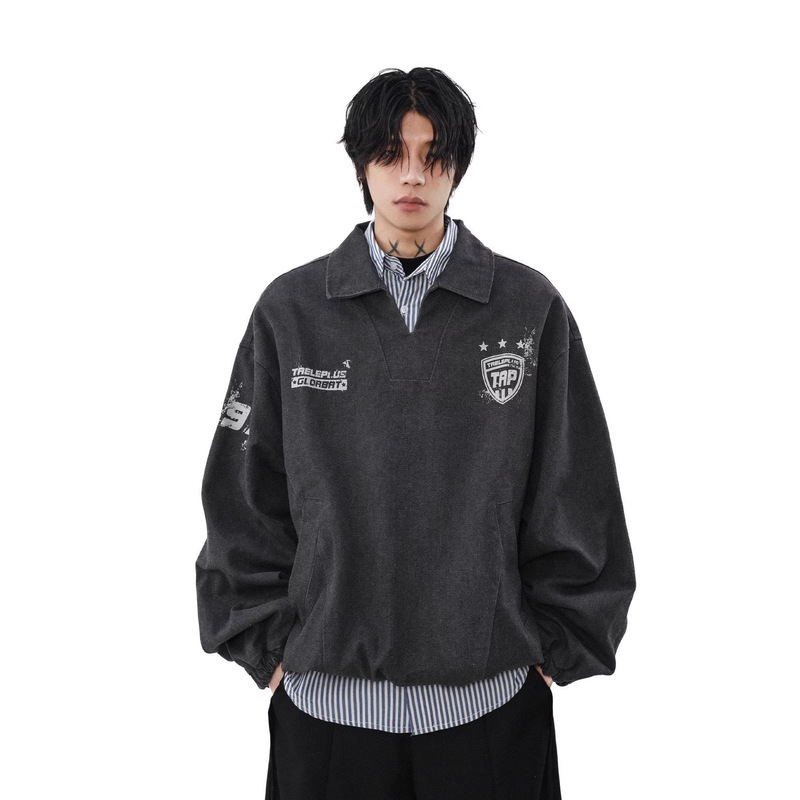 Letter Print Vintage American-Style Washed and Distressed Pullover Jacket with Short Wide Collar, Versatile Sports Polo Shirt Top Letter Print Vintage American-Style Washed and Distressed Pullover Jacket with Short Wide Collar, Versatile Sports Polo Shirt Top