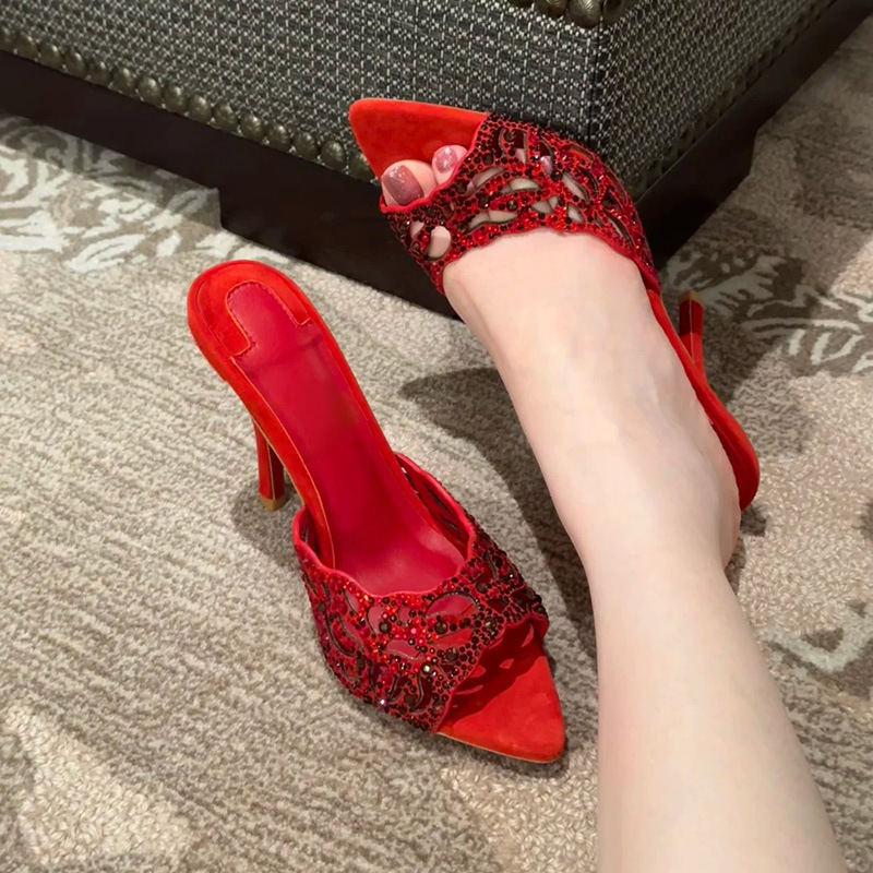 Red-Soled High-Heeled Shoes for Women, Thin-Heeled Rhinestone Hollow Sandals, Sexy Open-Toe Slippers, Summer Outdoor Wear for Women, Party Wear