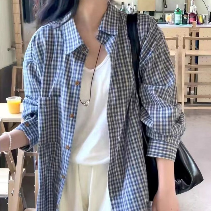 现货韩系格子衬衫女早秋新款百搭宽松慵懒风上衣外搭格纹衬衣外套|undefined