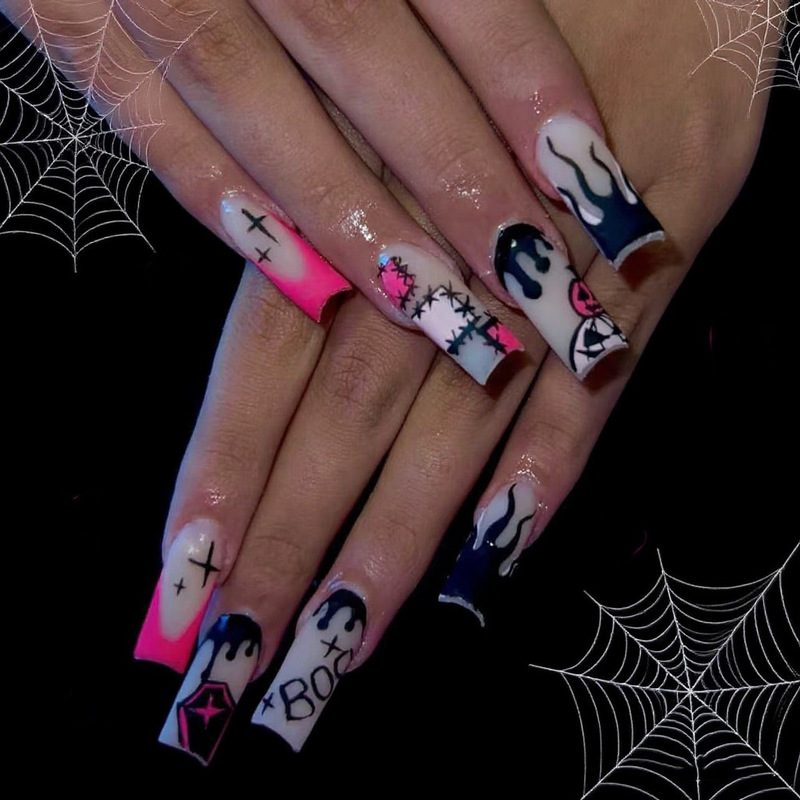 Patch Coffin Flame French Creative Halloween New Halloween Elements Cross-Border Small Square Fake Nails Patch Coffin Flame French Creative Halloween New Halloween Elements Cross-Border Small Square Fake Nails