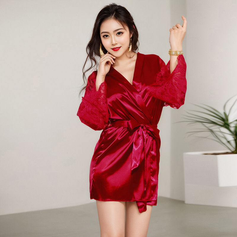 Túnica de la mañana, pijama nupcial, seda de imitación, camisón sexy, talla grande, oferta especial, ropa interior de cárdigan de manga larga sexy