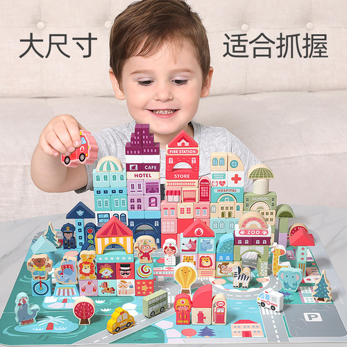 100 barreled urban traffic scene building blocks wooden educational enlightenment children's educational early education wooden toys