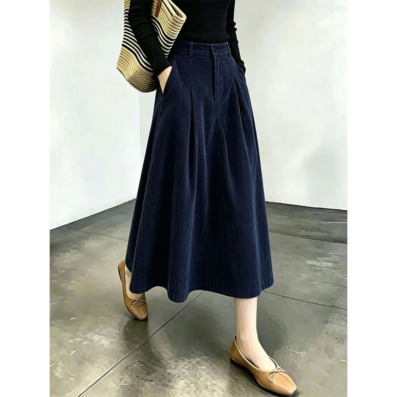 Navy blue corduroy high-waisted midi skirt for women, 2026 autumn/winter new collection, slimming and elegant A-line design Navy blue corduroy high-waisted midi skirt for women, 2026 autumn/winter new collection, slimming and elegant A-line design