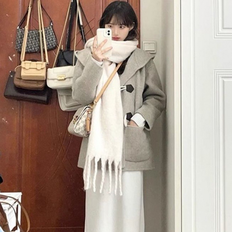 小个子日系学生呢子大衣2024秋冬加厚连帽中长款牛角扣毛呢外套女|undefined