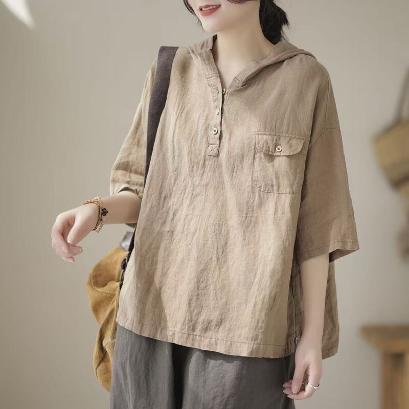 Spring and Summer New Chinoiserie Hooded Top 2025 New T-Shirt Pure Color Casual Style Comfortable Loose Three-Quarter Sleeves for Women