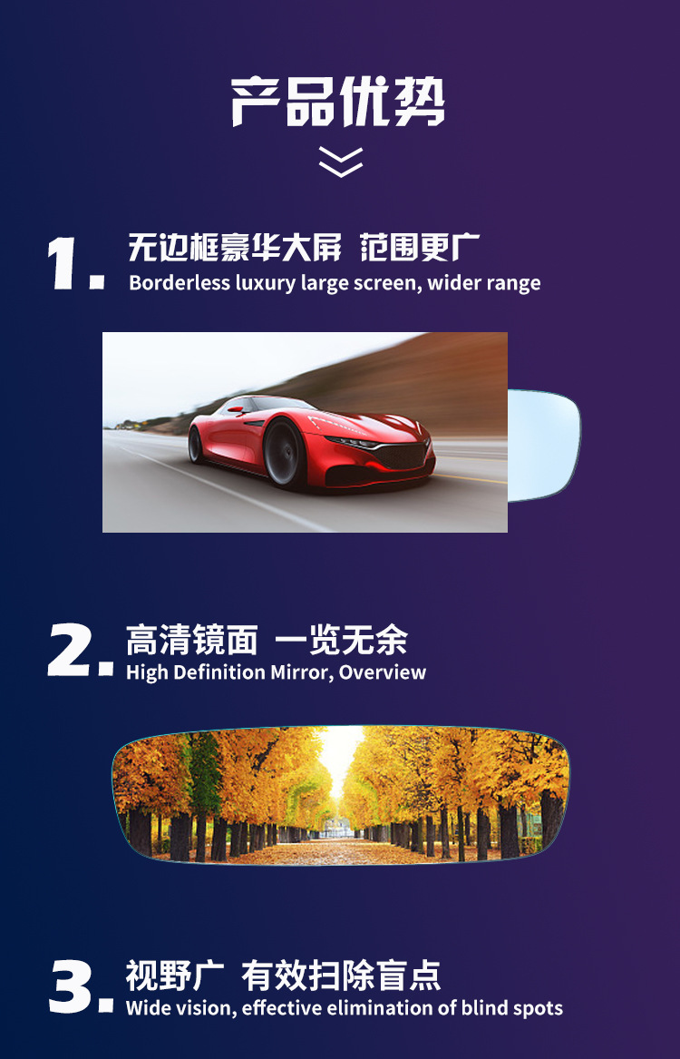 Large-View Rearview Mirror in the Car, Anti-Dazzle Car Interior Reversing Mirror, Edgeless Wide-Angle Curved Blue Mirror