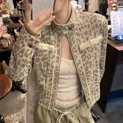 板栗Bnkelili'豹纹限定'小众做旧定染豹纹印花立领外套女秋