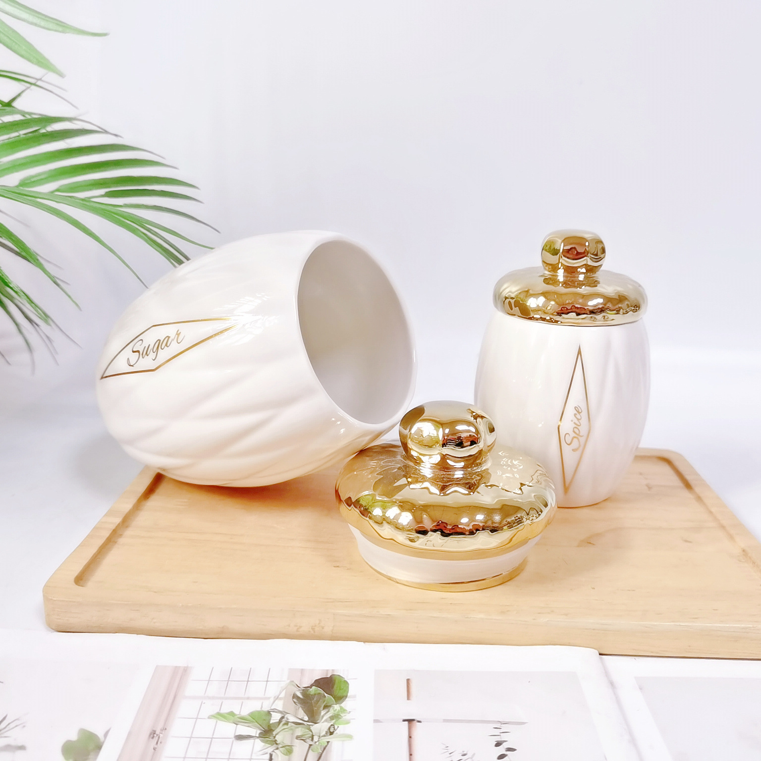 Tarro sellado de cerámica de diamante transfronterizo cubierta chapada en oro Tarro de condimento de 7 piezas Tarro de almacenamiento de cocina Tarro de té de café