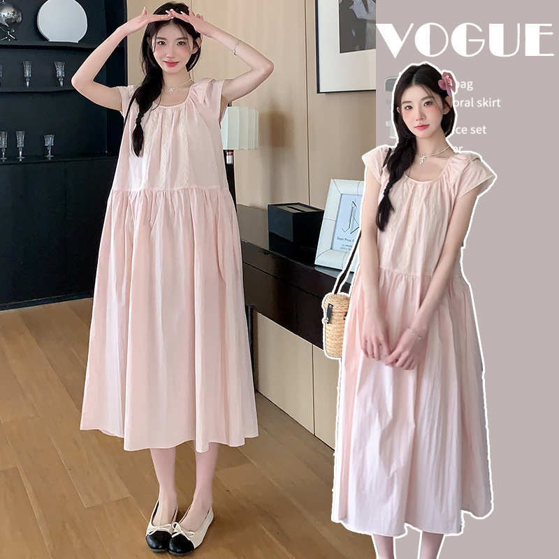 Maternity dress Summer 2024 New Fashion Western Style Sweet Cute Round Neck Mid-length Summer Skirt