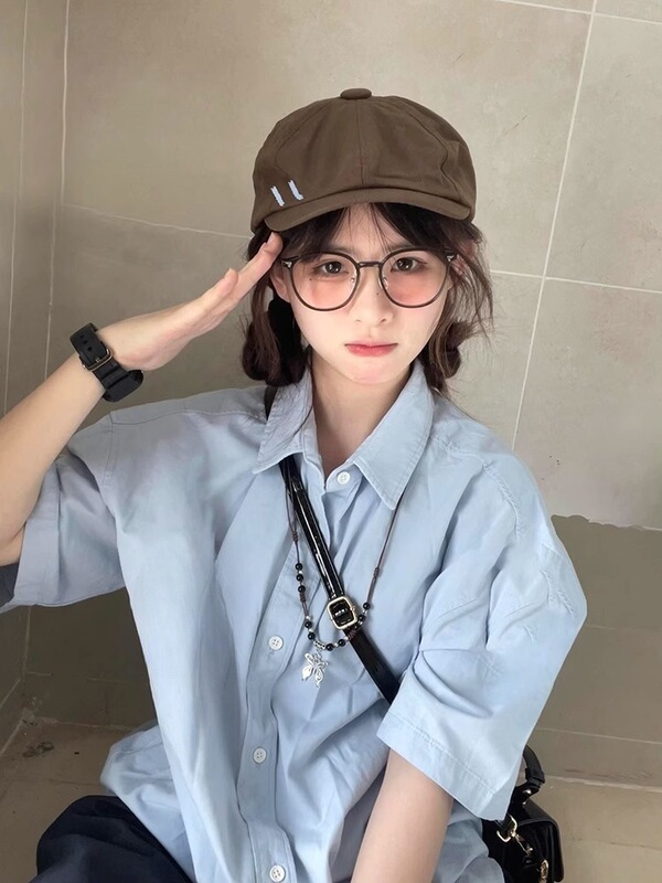 日本夏 2025 新しいブルー半袖シャツ女性のカジュアルルーズコットン多用途半袖トップイントレンド|undefined