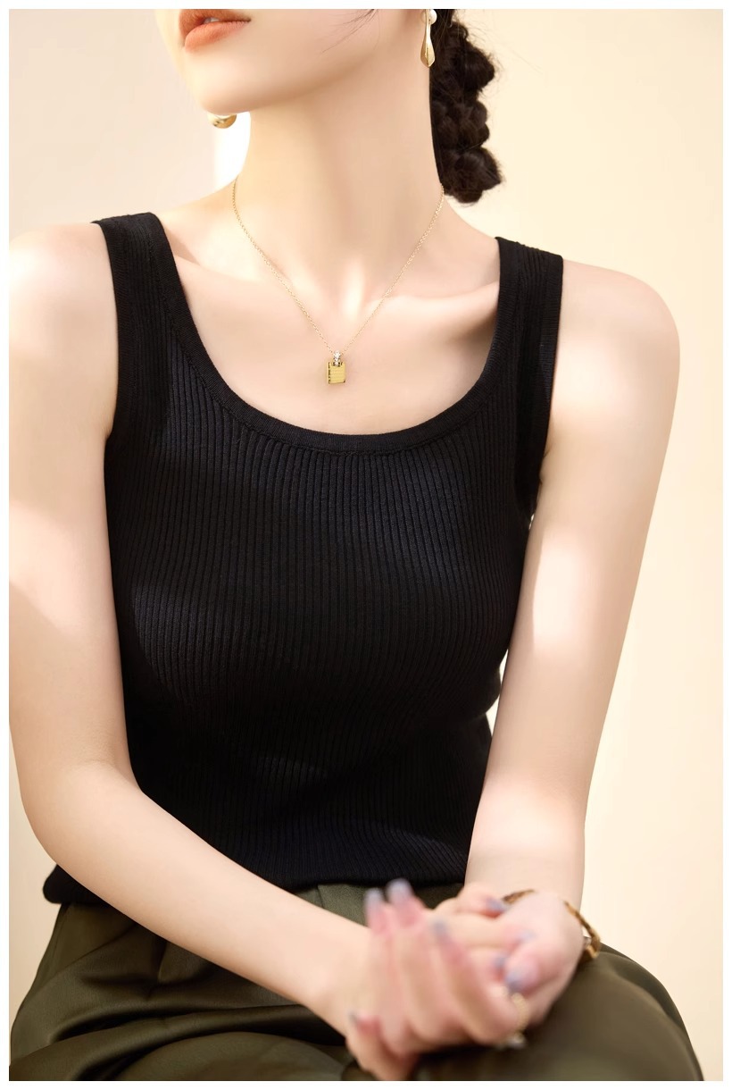 Áo hai dây dệt kim cổ tròn mặc trong mỏng mùa hè cho nữ — Màu đen chi tiết 4