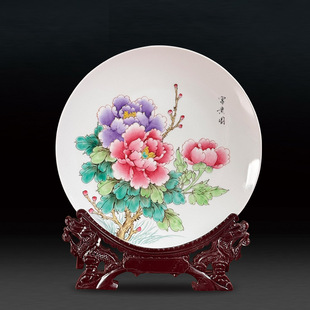 Jingdezhen Hand-Painted Peony Appreciation Plate Home Living Room Ancient Shelf New Chinese Antique Ceramic Appreciation Plate