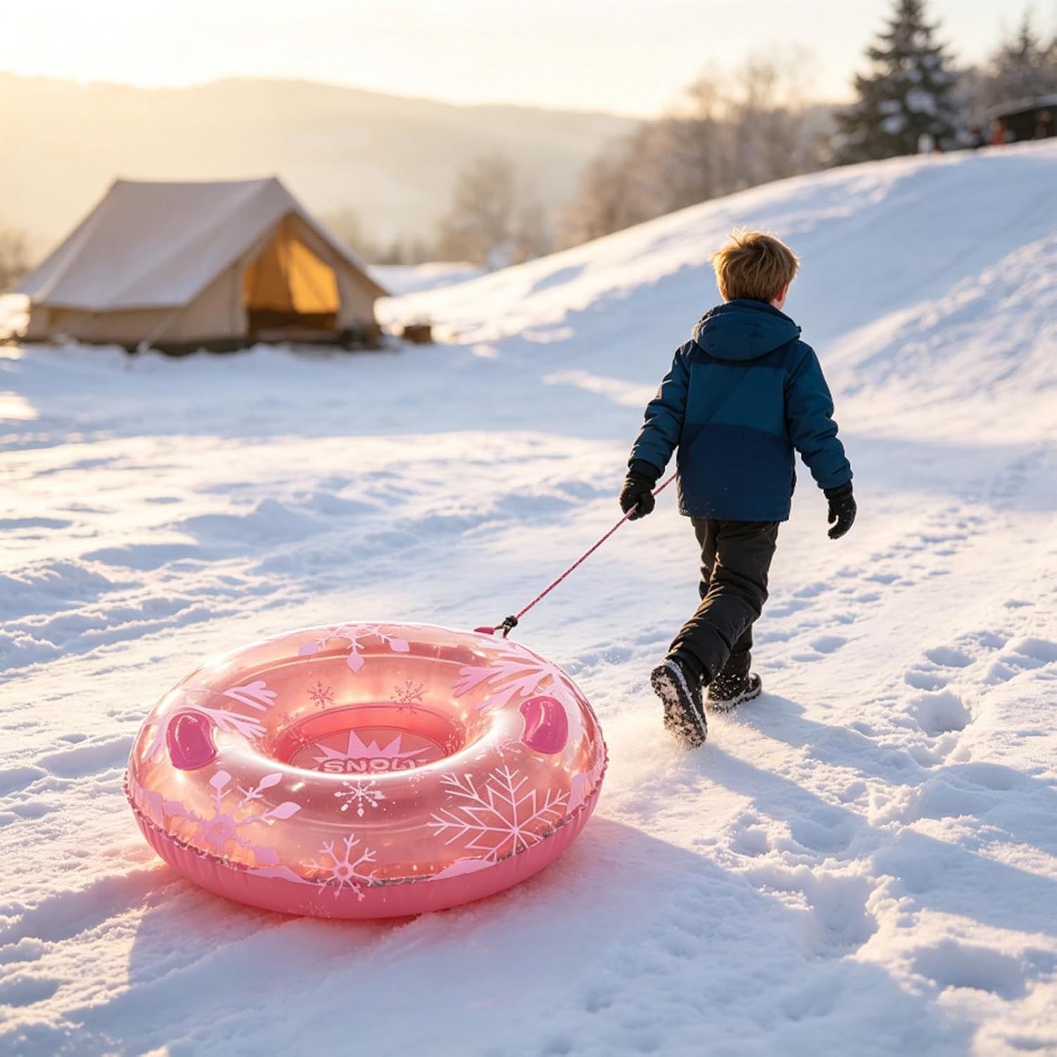 Cross-border new pink printed inflatable snow ring, thickened PVC, wear-resistant, with handle and pull rope, adult snow ring
