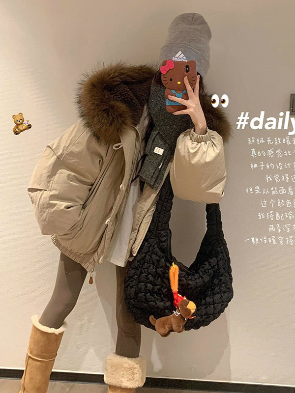 牛角扣大毛领连帽棉服外套女短款冬季韩系小个子加厚工装派克服|undefined