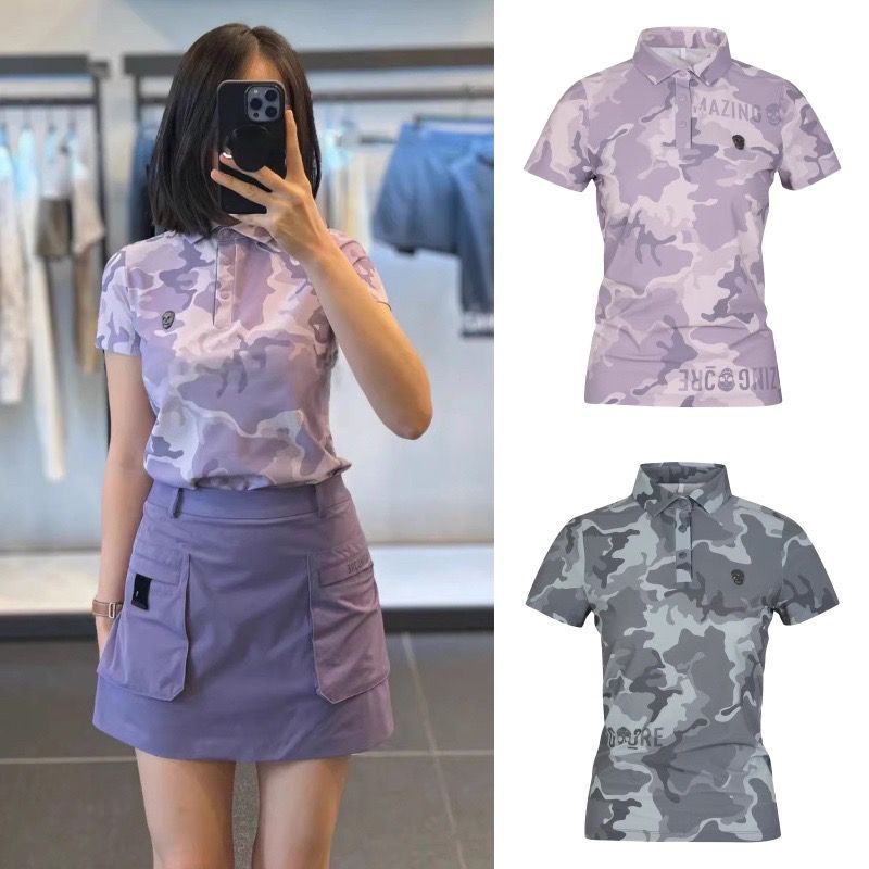 Korean Style Golf Clothing for Women, Outdoor Lapel Buttoned Short-Sleeved Tops, Chic Camouflage, Trendy Sports Golf Uniforms