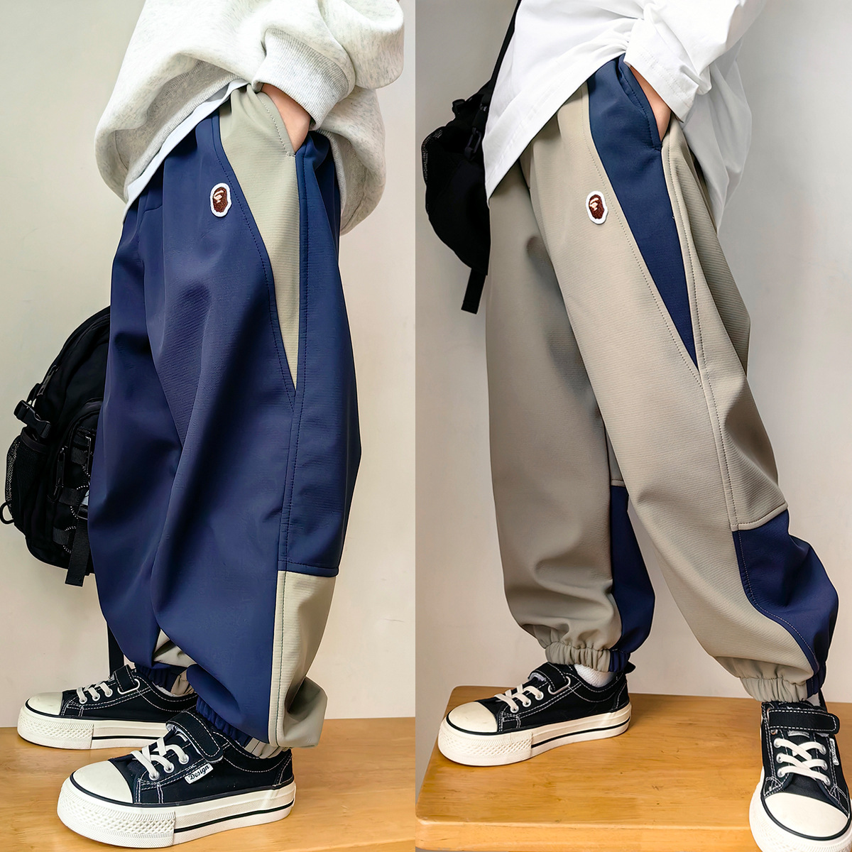 25冬童裤男童户外防风软壳裤加绒加厚薄绒运动长裤拼接撞色三防裤