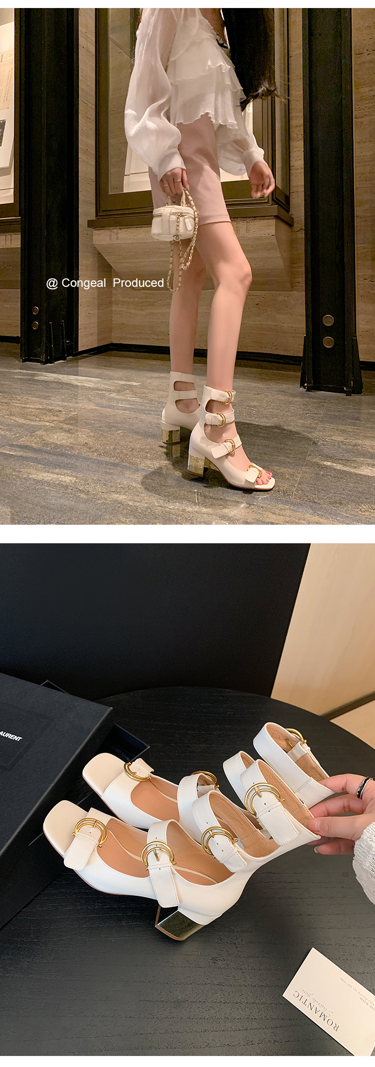 Giày sandal cao gót nữ thiết kế khóa thắt lưng, mũi hở, gót vuông 9 cm — Màu đen, Màu trắng be, Màu bạc chi tiết 16