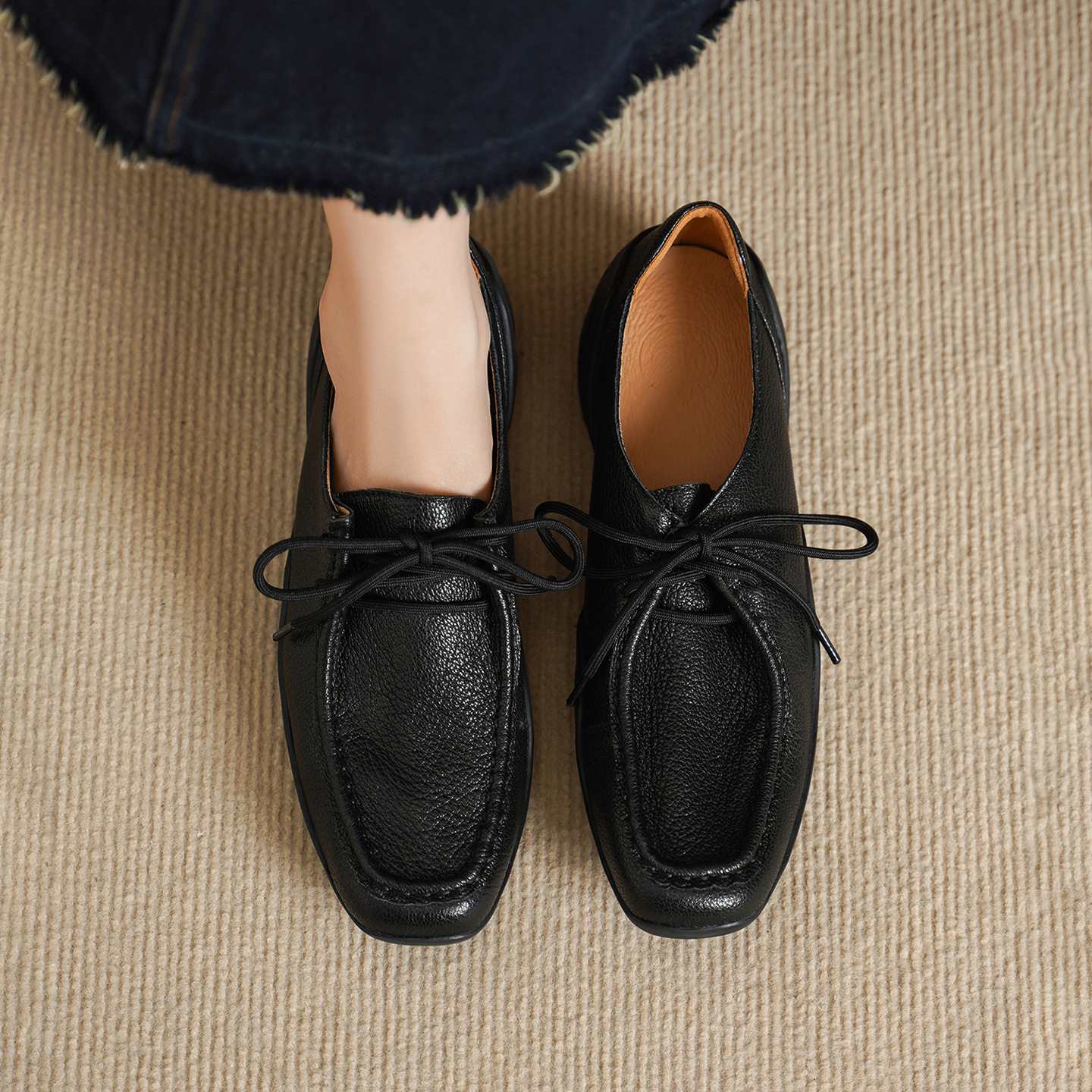Giày lười nữ mũi vuông da cừu mềm phong cách DeTrain vintage, đế bệt buộc dây — màu nâu