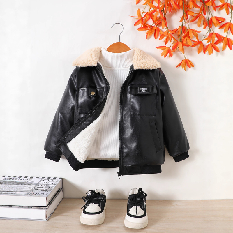 Boys' Leather Jacket Autumn and Winter Fleece-Lined 2025 New Medium and Large Children's Motorcycle Jacket Korean Style Warm Casual Jacket Trendy Boys' Leather Jacket Autumn and Winter Fleece-Lined 2025 New Medium and Large Children's Motorcycle Jacket Korean Style Warm Casual Jacket Trendy