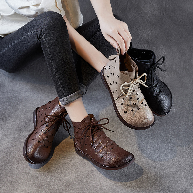 Genuine Leather Flat Bottom 2025 Summer New Short Boots Beef Tendon Soft Bottom Mom Dance Boots plus size Hole Women's Boots