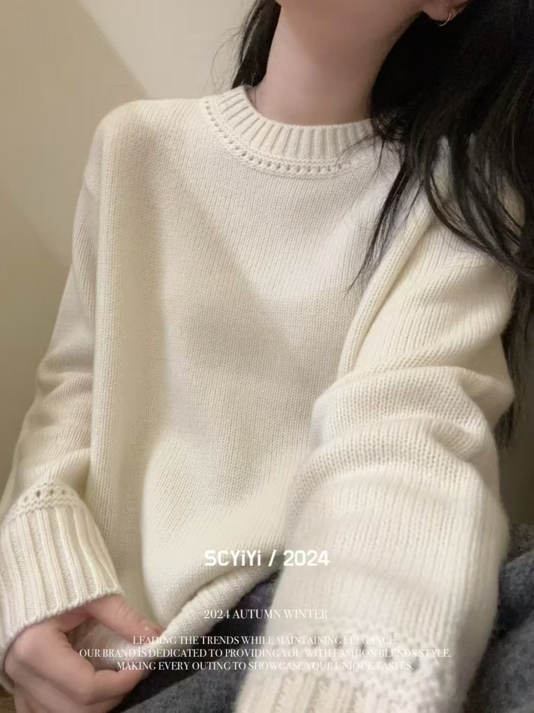 Qadın yun sviter, dəyirmi boyun, boş kəsik, cashmere