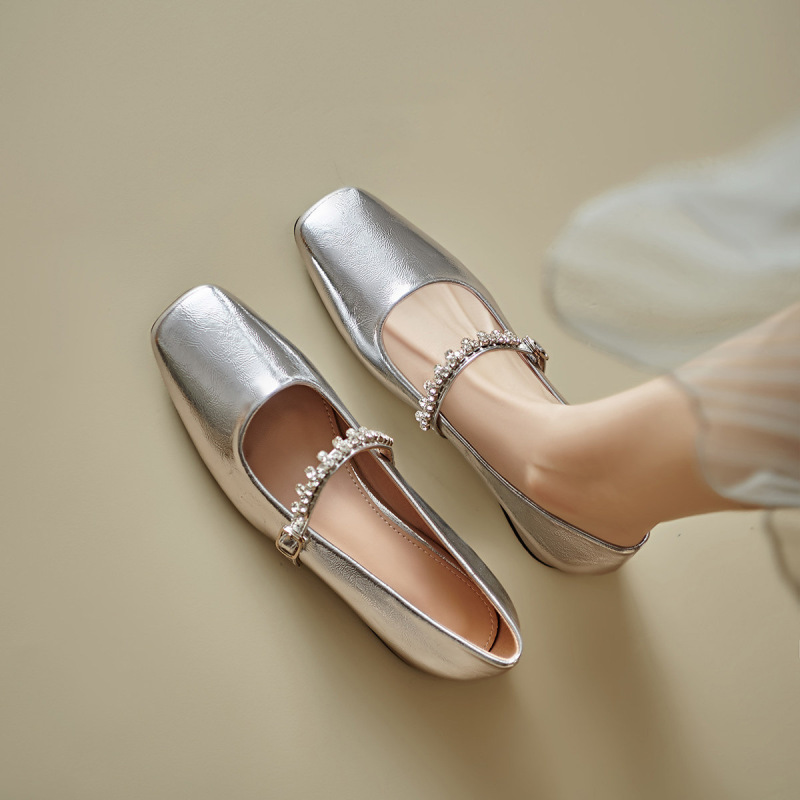 Spring and Autumn Square-Toe Silver Mary Jane Women's Shoes with a High-End Feel, One-Strap Rhinestone Design, Chunky Heels, Fashionable and Versatile New Style Shoes