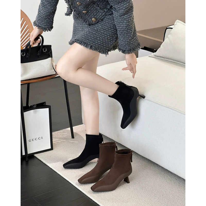 Черные короткие эластичные тощие сапоги 2024 новые французские темпераментные длинные сапоги