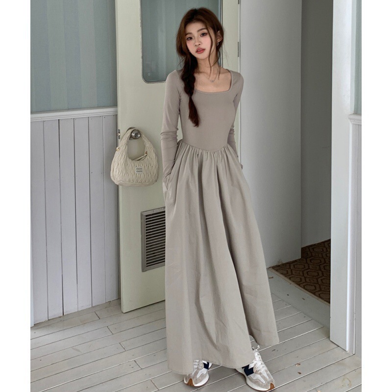 French Hepburn Style Grey Square Collar Long-sleeved dress Women's Autumn and Winter High-end Gown with Tight Waist Inner Long Skirt and Ankle