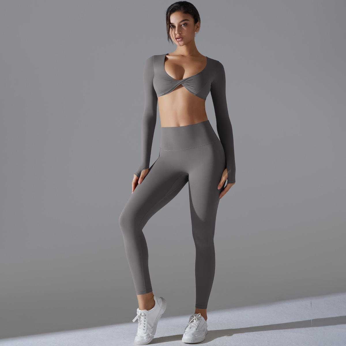 Nuevo color sólido sin ropa interior doble brocado de manga larga juego de yoga deportivo ajustado elástico alta ropa de yoga antibacteriana image 11