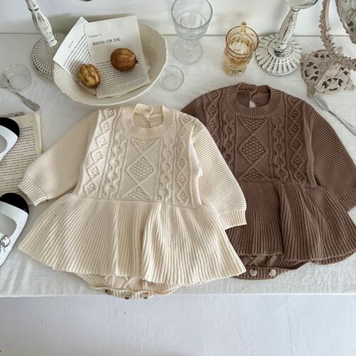 ins infant and children's clothing Korean version of autumn baby girl retro twist woolen dress knitted romper jumpsuit
