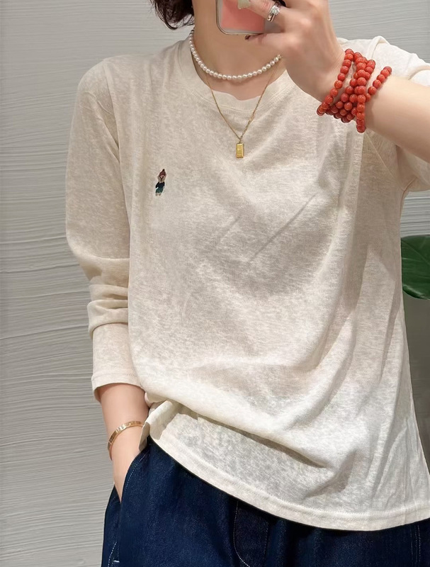 欧货2025秋季新款圆领休闲刺绣长袖T恤女宽松显瘦打底衫上衣女|undefined