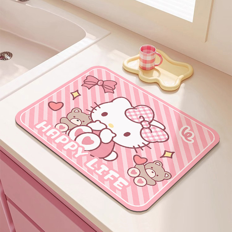 Guaiguai Kitty Bear 동반 + 규조토 진흙 사각형 둥근 모서리 배수 매트