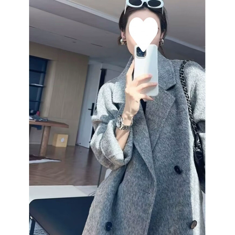 Double-sided woolen demi-season long jacket, cashmere, Korean style, loose fit, mid-length, plus size